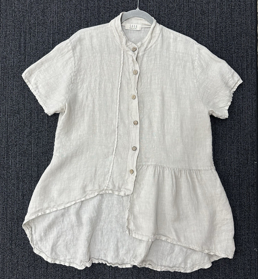 Saga Top 100% Linen Button Front Top Short Sleeve Made in Italy Cream One Size